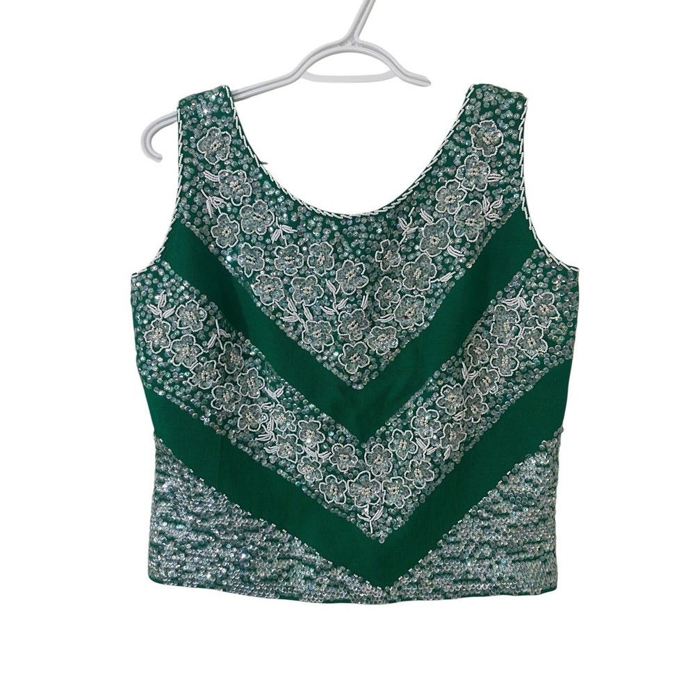 Vintage 1960's Heavy Beaded Sequins Green‎ Floral Top Wool Size Medium Gatsby